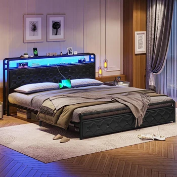 Каркас кровати с изголовьем из искусственной кожи, кровать-платформа, черный