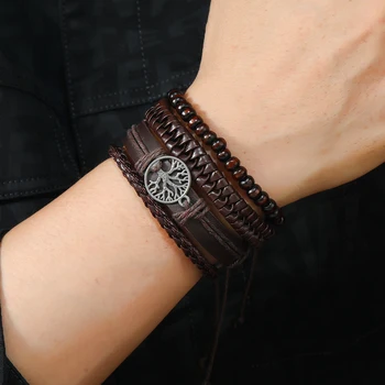 Винтажный кожаный браслет Для мужчин, браслет из искусственной кожи 