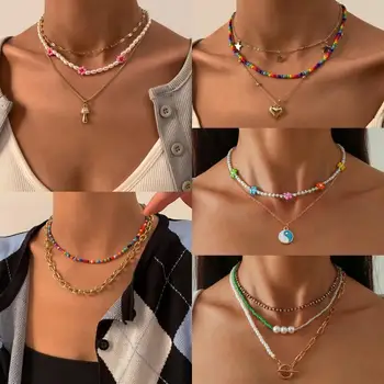 Рисовые бусины контрастного цвета, ожерелье из бисера, женское простое ожерелье ручной работы с кисточками в богемном стиле