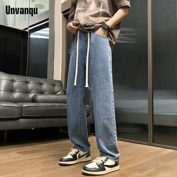 UNVANQU 2023 Y2K Мужская джинсовая мода в гонконгском стиле Модные джинсы Мужские Удобные брюки с эластичной резинкой на талии и завязками Светло-голубого цвета