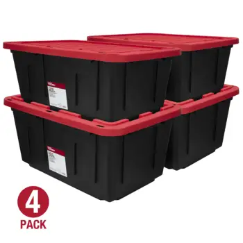 Hyper Tough - Пластиковый контейнер для хранения с защелкивающейся крышкой объемом 27 галлонов, Черное Основание / Красная крышка, Набор из 4