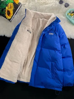 Мужская зимняя синяя стеганая куртка Klein, новые утолщенные парки из овечьей шерсти, трендовое двустороннее утепленное пальто Оверсайз Унисекс