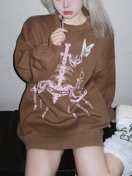 Женская трикотажная ткань в стиле ретро с круглым вырезом Y2K, пуловер с принтом 