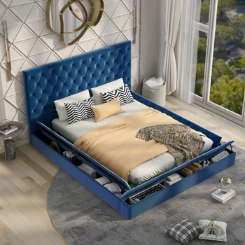 Кровать с классической обивкой, низкопрофильная кровать-платформа для хранения с местом для хранения и подножкой, для молодежной спальни для взрослых
