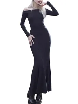 Женское готическое платье на Хэллоуин с капюшоном, платье с открытыми плечами, облегающее платье с длинным рукавом, длинный костюм с капюшоном